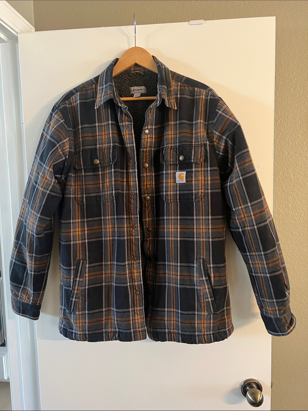 Men’s Carhartt Quilted Plaid Work Jacket in Black & Brown Sz L